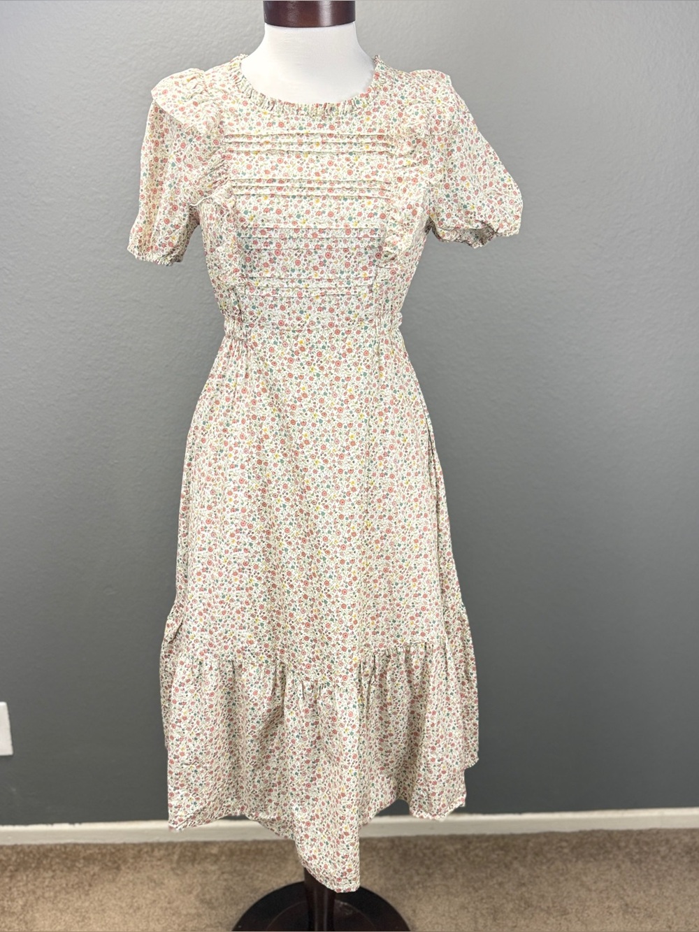 Calista Floral Midi Dress Sz S Pintuck Puff Sleeve Cottagecore Prairie